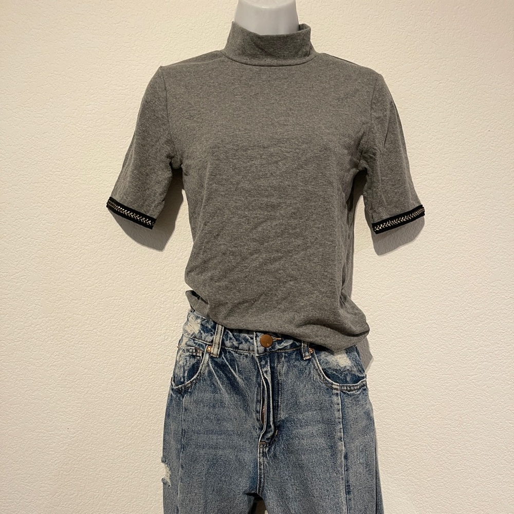 ZARA Gray top with black and gold embroidery on the sleeves. Slight turtleneck